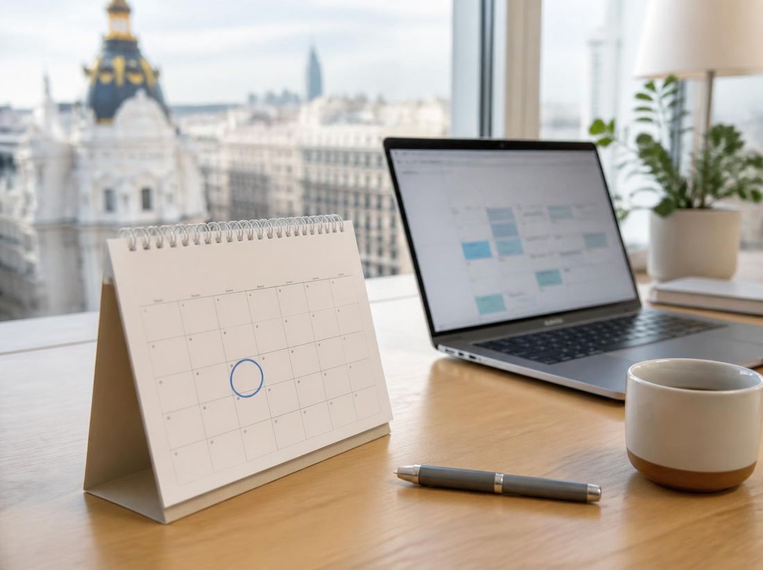 Calendario de escritorio junto a un portátil en una oficina luminosa