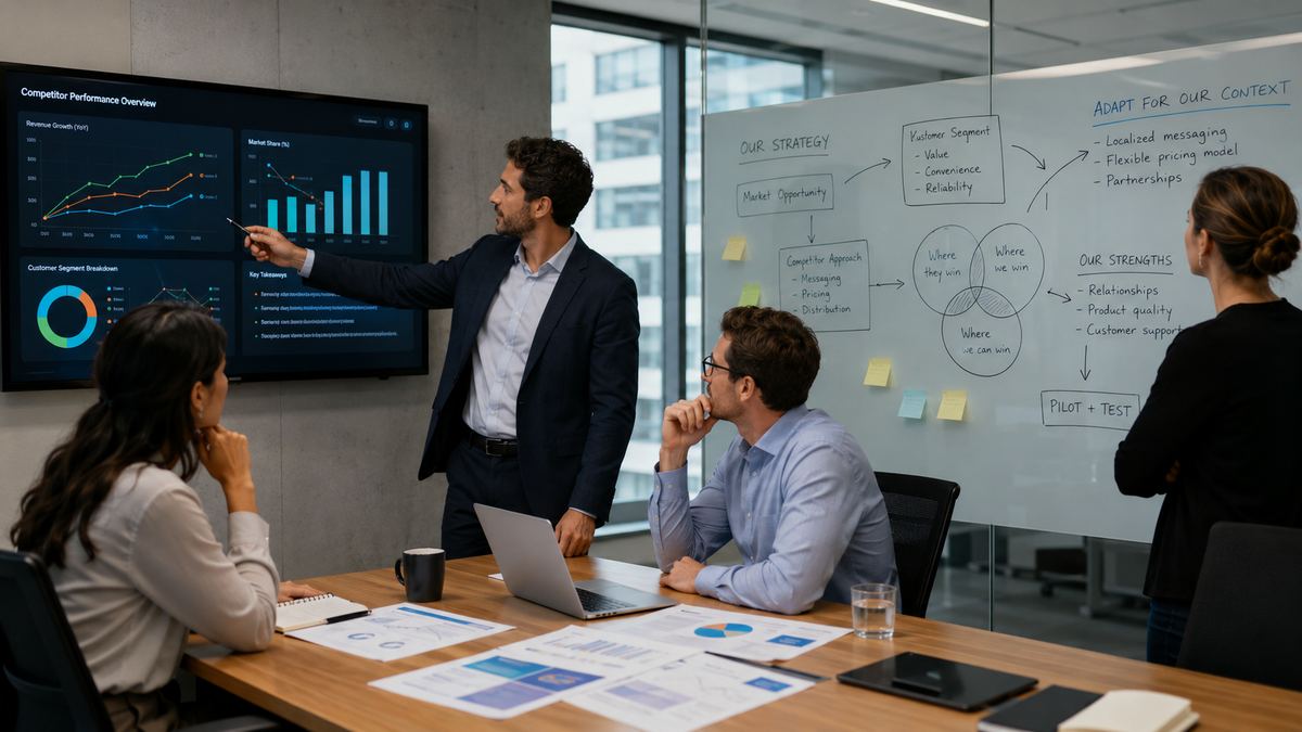 Equipo de inversión analizando datos de mercado y estrategia en una sala de reuniones